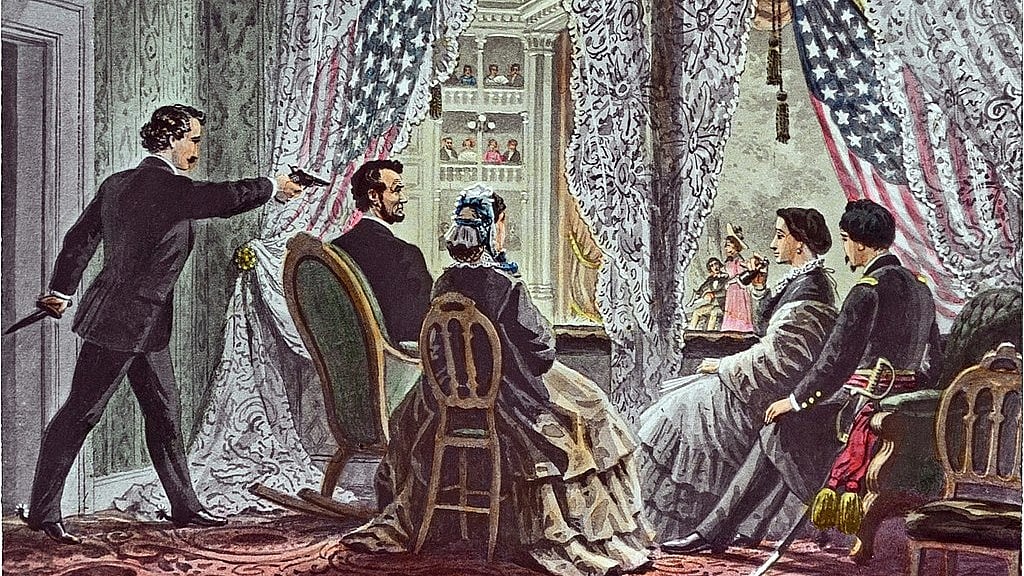 Wikipedia : John Wilkes Booth assassinating Abraham Lincoln in Ford's Theatre. Drawing from glass-slide depiction c. 1865–75.